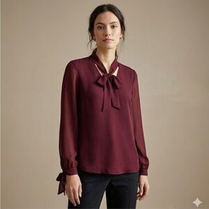 RW&CO. Burgundy Long Sleeve Blouse with Tie Front | size XS